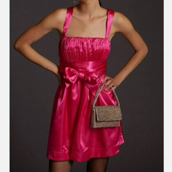 Anthropologie Maeve Pink Bow-Tie Satin Pockets Cocktail Mini Dress Size 12 - Picture 1 of 13